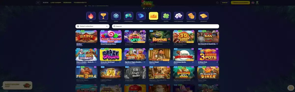 Gambling games selection